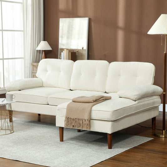 Modern corner sofa with right chaise longue, 3 seater upholstered sofa with wooden legs, cream white