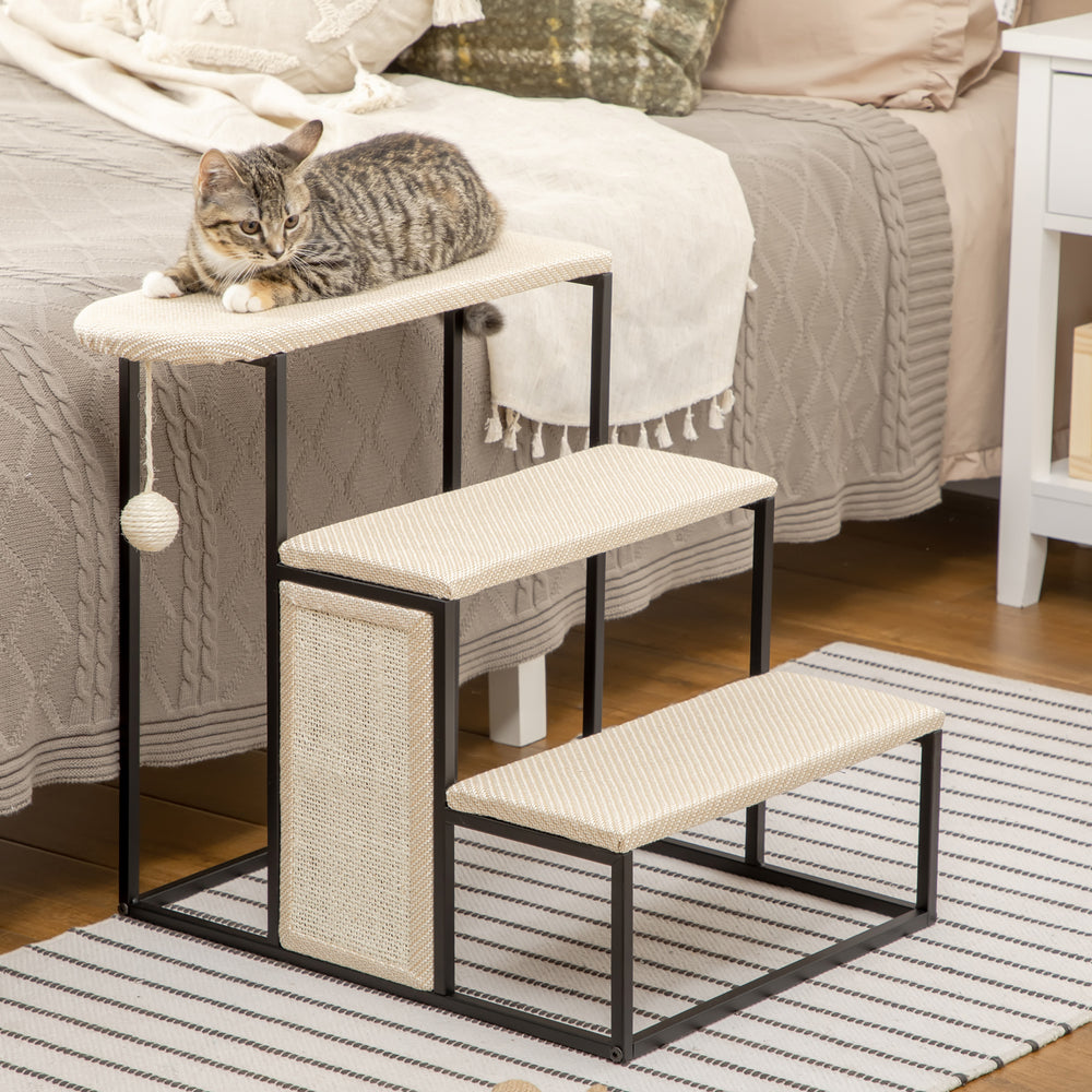 20" 3 Steps Cat Stairs, Carpeted Ladder Ramp, Pet Steps with Scratching Board and Hanging Ball for Small Cats, Steel Frame, Cream White
