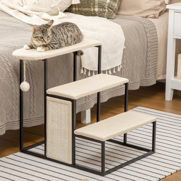 20" 3 Steps Cat Stairs, Carpeted Ladder Ramp, Pet Steps with Scratching Board and Hanging Ball for Small Cats, Steel Frame, Cream White
