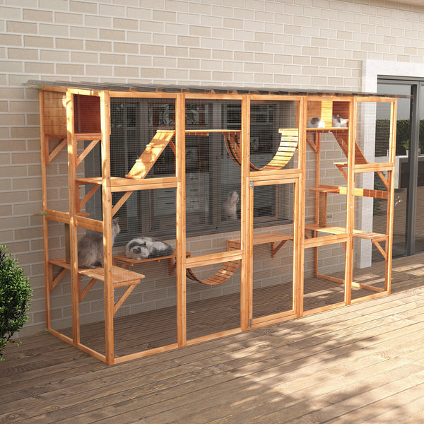 Large cat enclosure with niches, platforms, ladders and sturdy roof, orange.