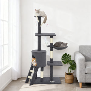 Cat tree with scratching posts, cat house, perches, ladder, hammock, hanging toys, dark grey