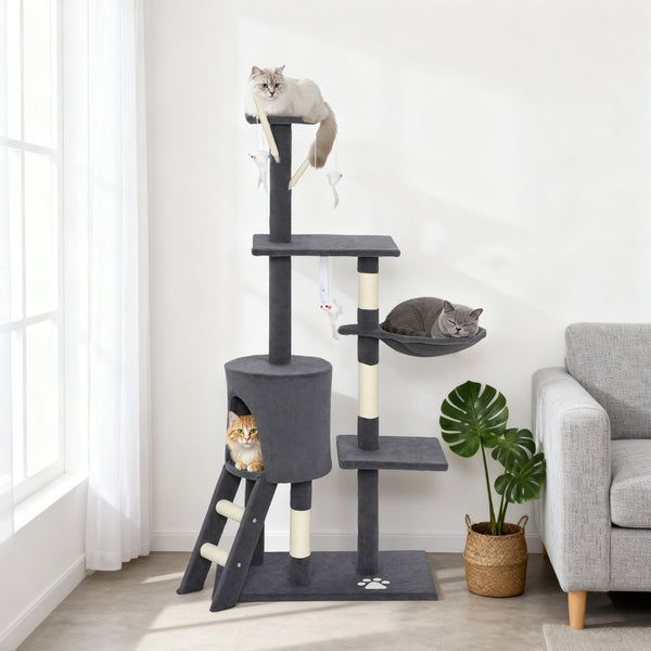 Cat tree with scratching posts, cat house, perches, ladder, hammock, hanging toys, dark grey