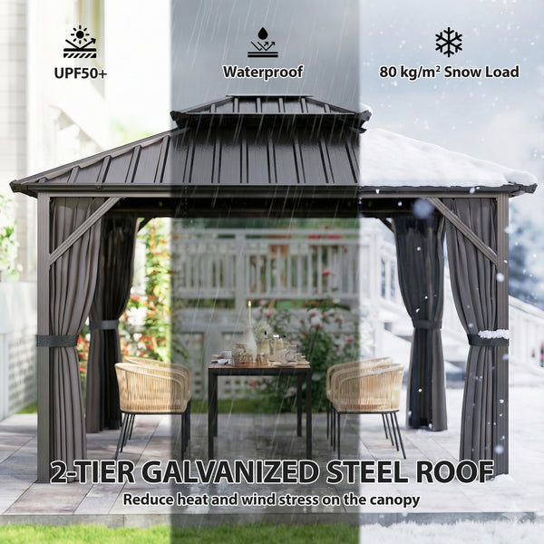 Gazebo avec toit rigide 10 x 12 avec double toit en acier galvanisé, structure en aluminium, gris foncé