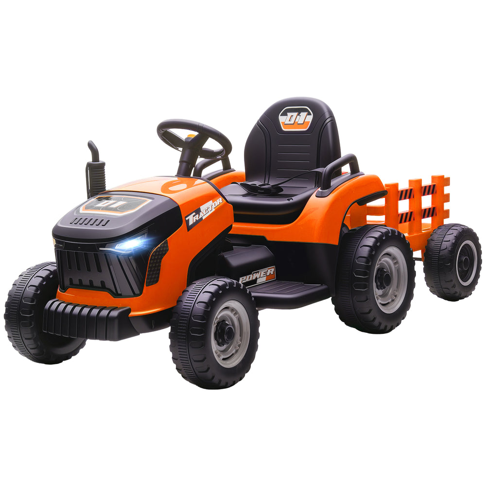 Tracteur 12 V orange avec remorque, télécommande, musique, lumières