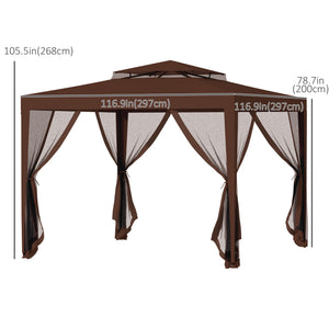 10' x 10' Outdoor Canopy Tent Party Tent with Mesh Netting and Double Tier Roof for Backyard, Garden, Patio, Brown