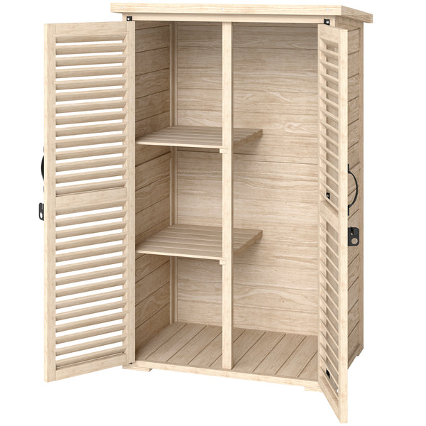 Wooden garden shed with waterproof asphalt roof, shelves, natural color
