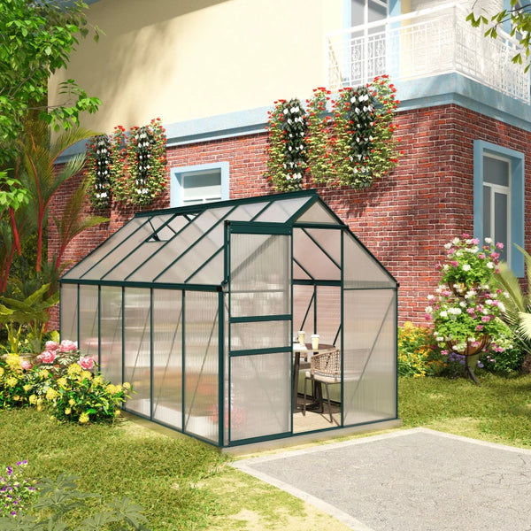 Serre en polycarbonate avec toit ventilé réglable, base galvanisée, porte coulissante et gouttière, verte