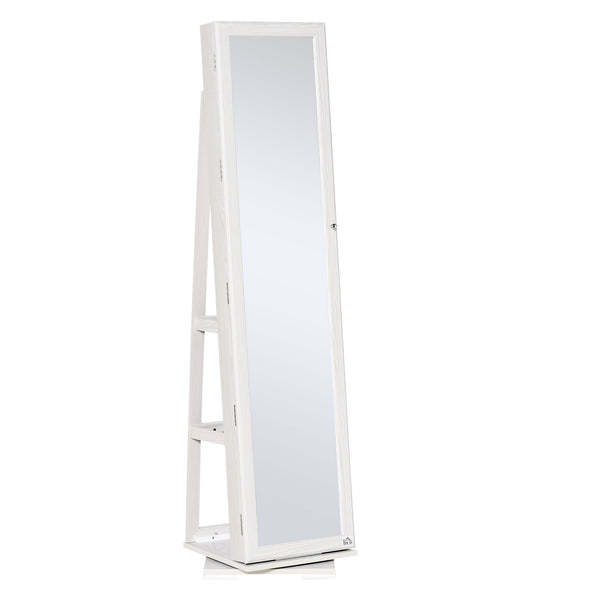 Armoire à bijoux pivotante à 360°, verrouillable, avec miroir intégré, blanc