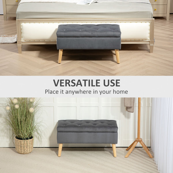 Pouf de rangement avec couvercle rembourré en velours et pieds en bois, gris anthracite