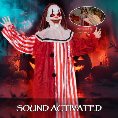Clown animé grandeur nature pour Halloween, yeux rouges lumineux, activées par le son, fonctionne sur piles