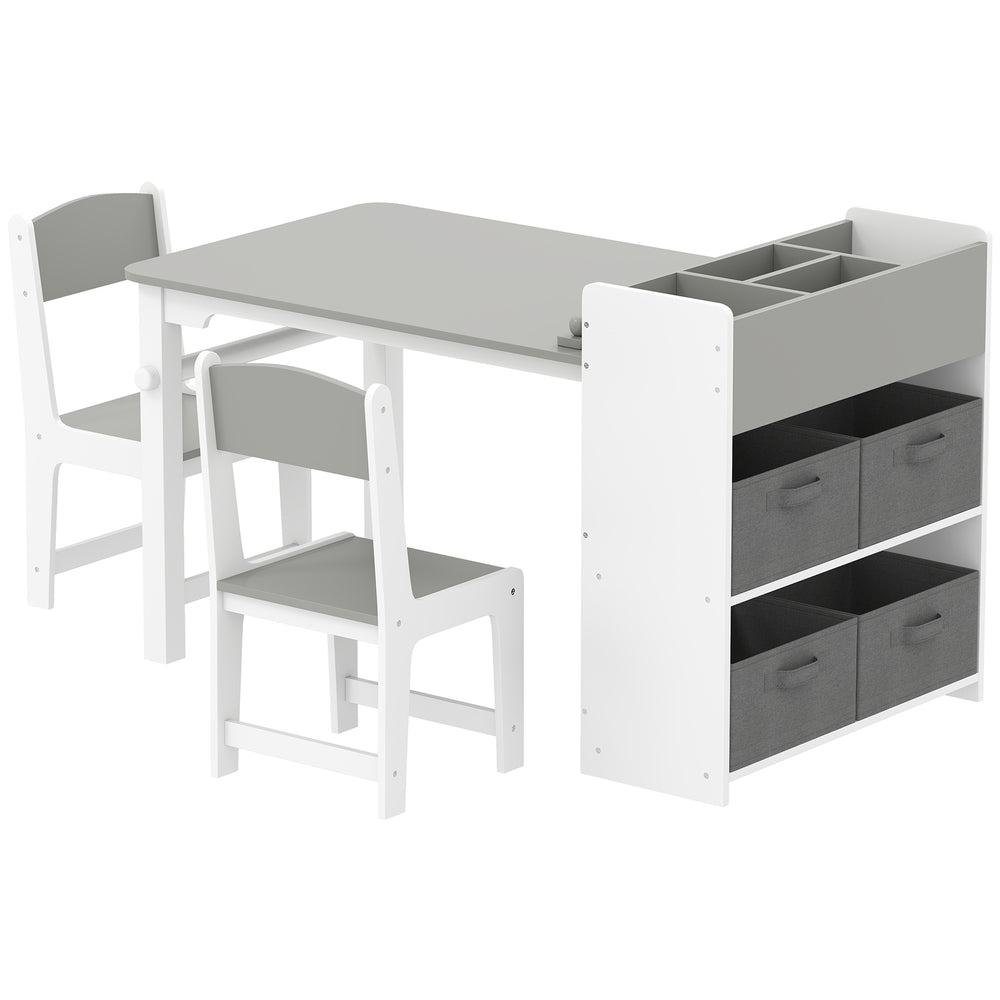 Ensemble table et chaises pour enfants avec étagères de rangement et tiroirs, gris