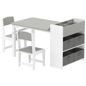 Ensemble table et chaises pour enfants avec étagères de rangement et tiroirs, gris