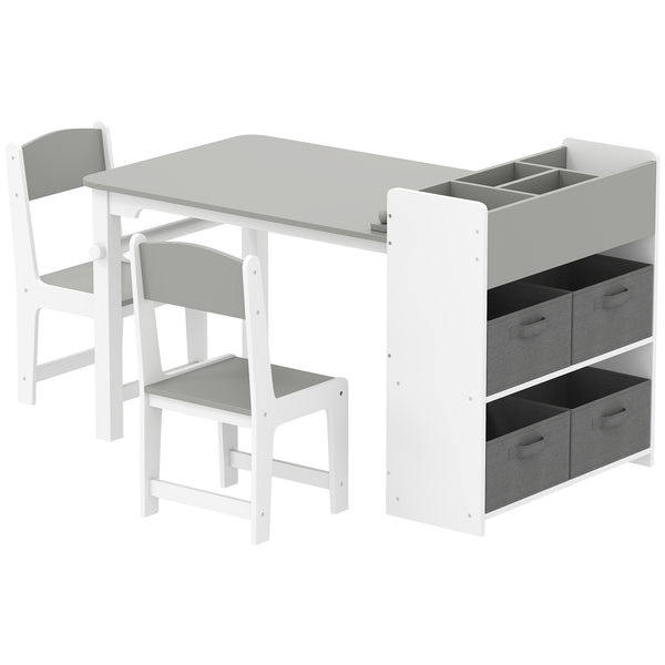 Ensemble table et chaises pour enfants avec étagères de rangement et tiroirs, gris