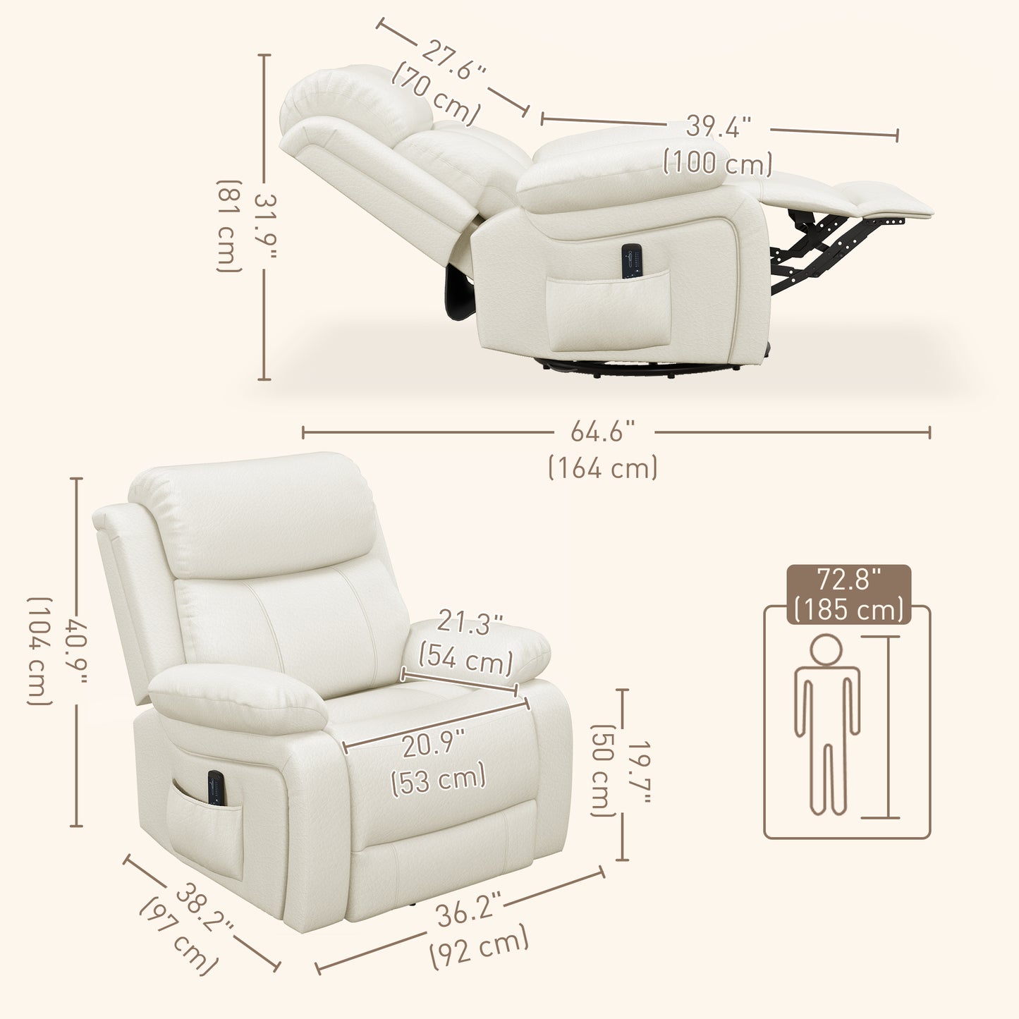 Fauteuil inclinable en cuir synthétique avec massage par vibration, base pivotante, fonction bascule, télécommande, blanc crème