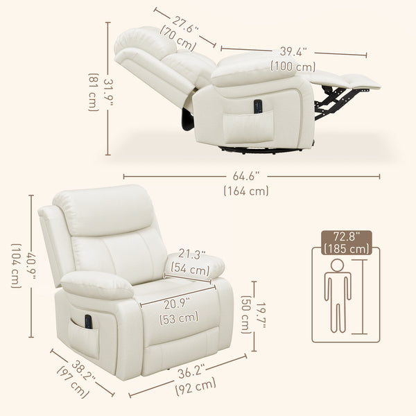 Fauteuil inclinable en cuir synthétique avec massage par vibration, base pivotante, fonction bascule, télécommande, blanc crème