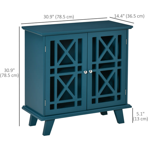 Buffet with openwork doors and shelf, modern freestanding storage unit, blue
