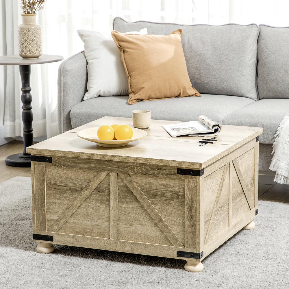 Table basse de style farmhouse carrée avec couvercles rabattables, chêne