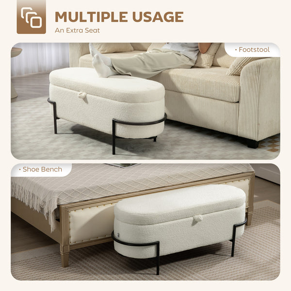 Pouf de rangement avec couvercle relevable et pieds en acier, blanc crème