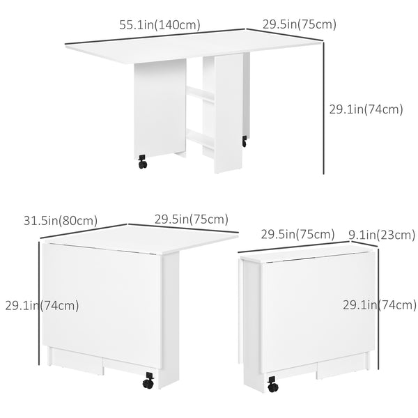 Table de salle à manger extensible avec étagères à 2 niveaux et roulettes, blanche
