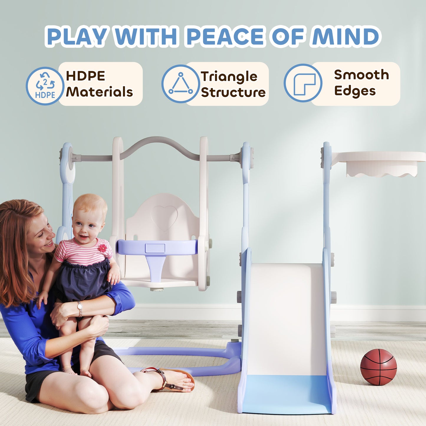 4-in-1 Slide and Swing Set with Basketball Hoop and Climber, for Boys and Girls Ages 1.5-4, Rocket Theme, Light Blue