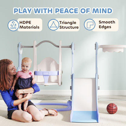 4-in-1 Slide and Swing Set with Basketball Hoop and Climber, for Boys and Girls Ages 1.5-4, Rocket Theme, Light Blue