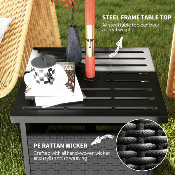 Table basse d'extérieur en rotin tressé avec trou pour parasol, noire