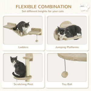 Wall-mounted cat tree with scratching post, ladder, perches and cloud-shaped shelves, beige
