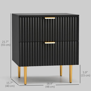 Table de chevet moderne avec 2 tiroirs cannelés et poignées dorées – Noir