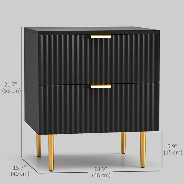 Table de chevet moderne avec 2 tiroirs cannelés et poignées dorées – Noir