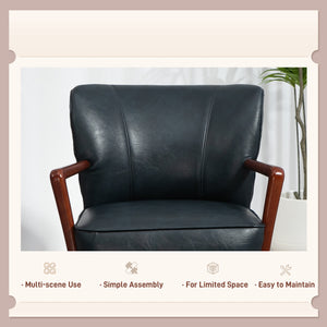 Fauteuil d'appoint rembourré en similicuir avec pieds en bois, bleu