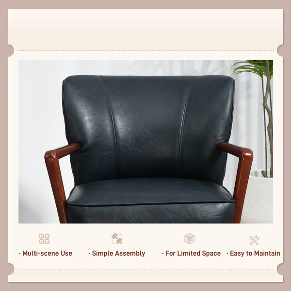 Fauteuil d'appoint rembourré en similicuir avec pieds en bois, bleu
