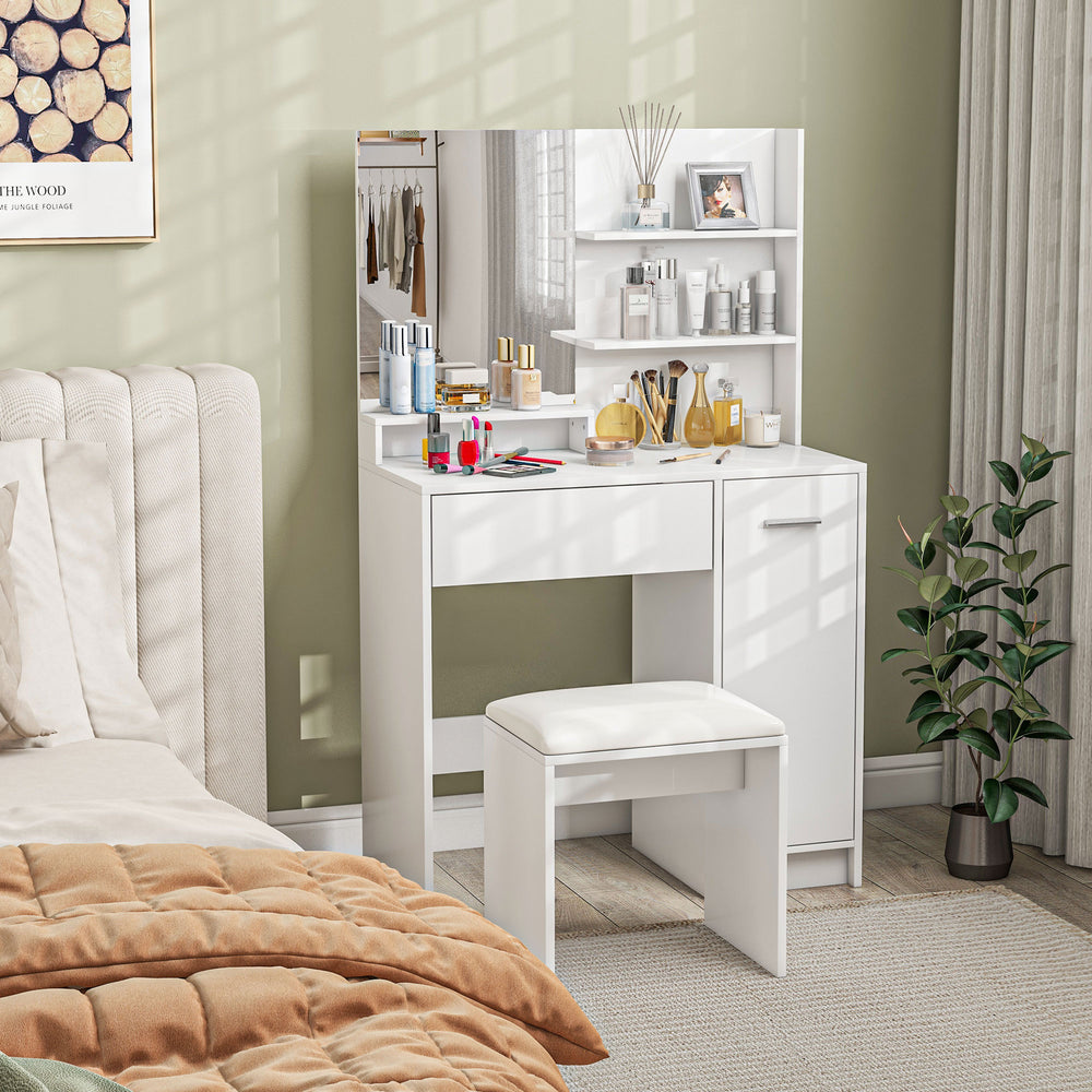 Coiffeuse avec miroir et tabouret, tiroir de rangement, blanc