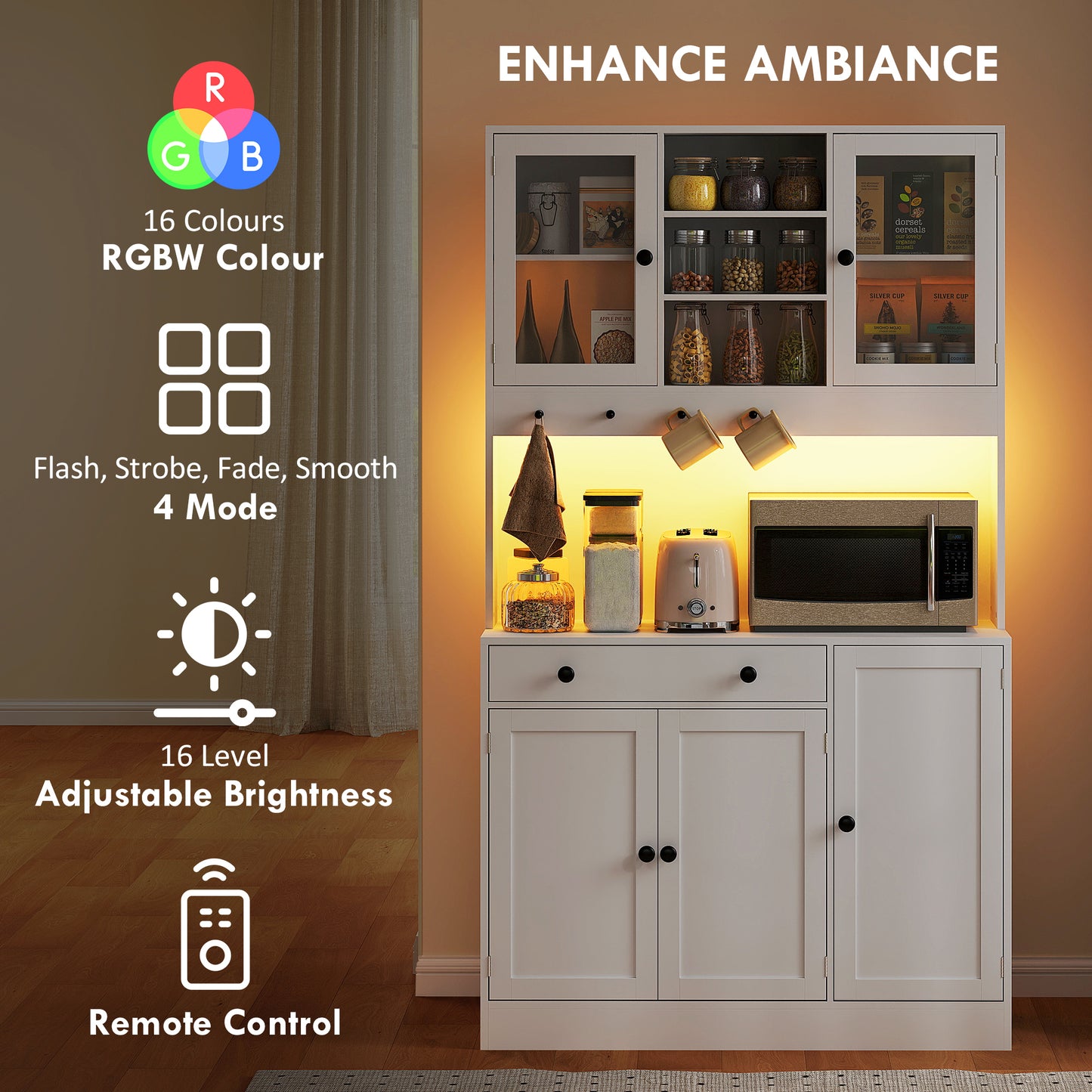 Tall kitchen cabinet with LED lighting, shelves, drawer, doors, white