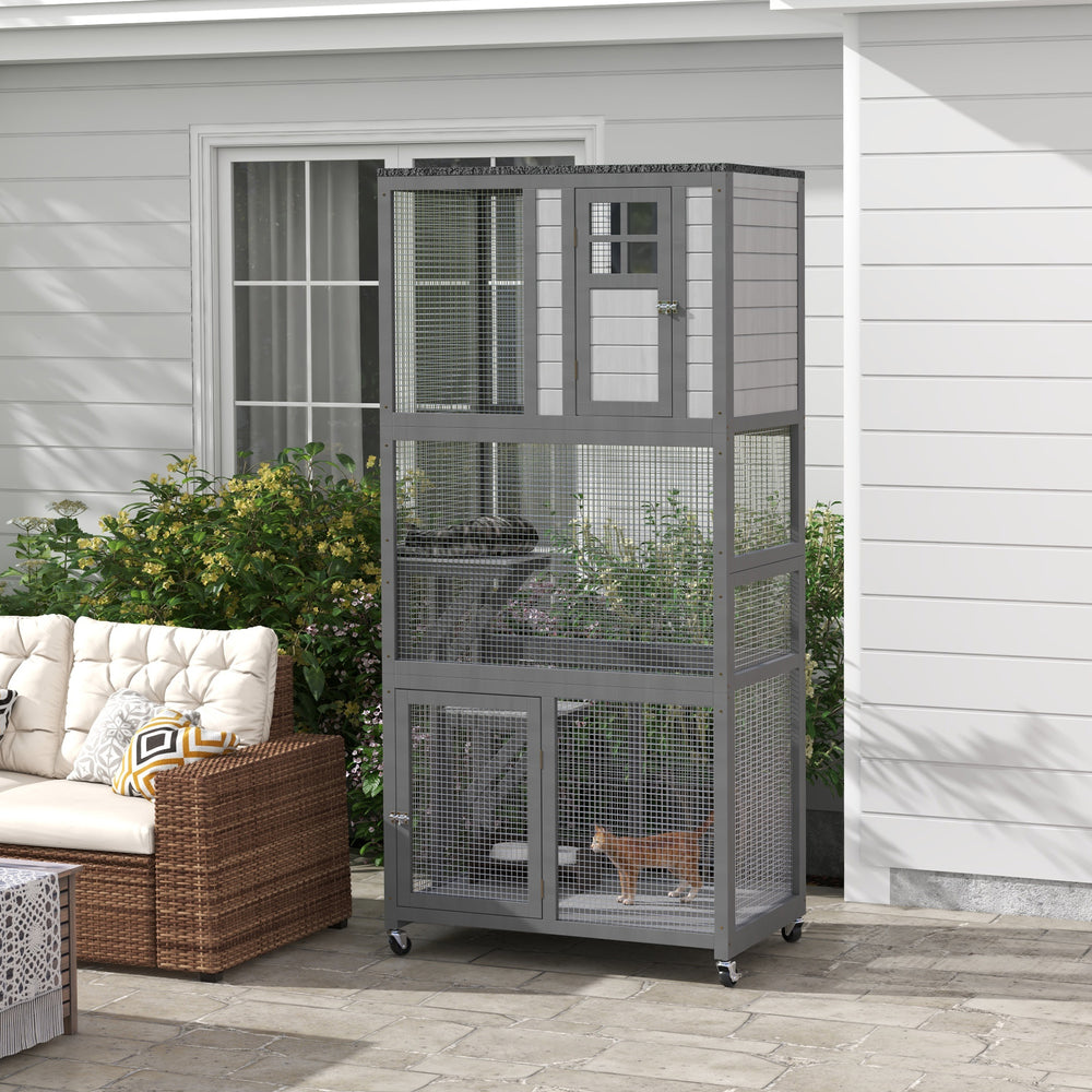 Wooden cat house, weatherproof and on wheels, light grey