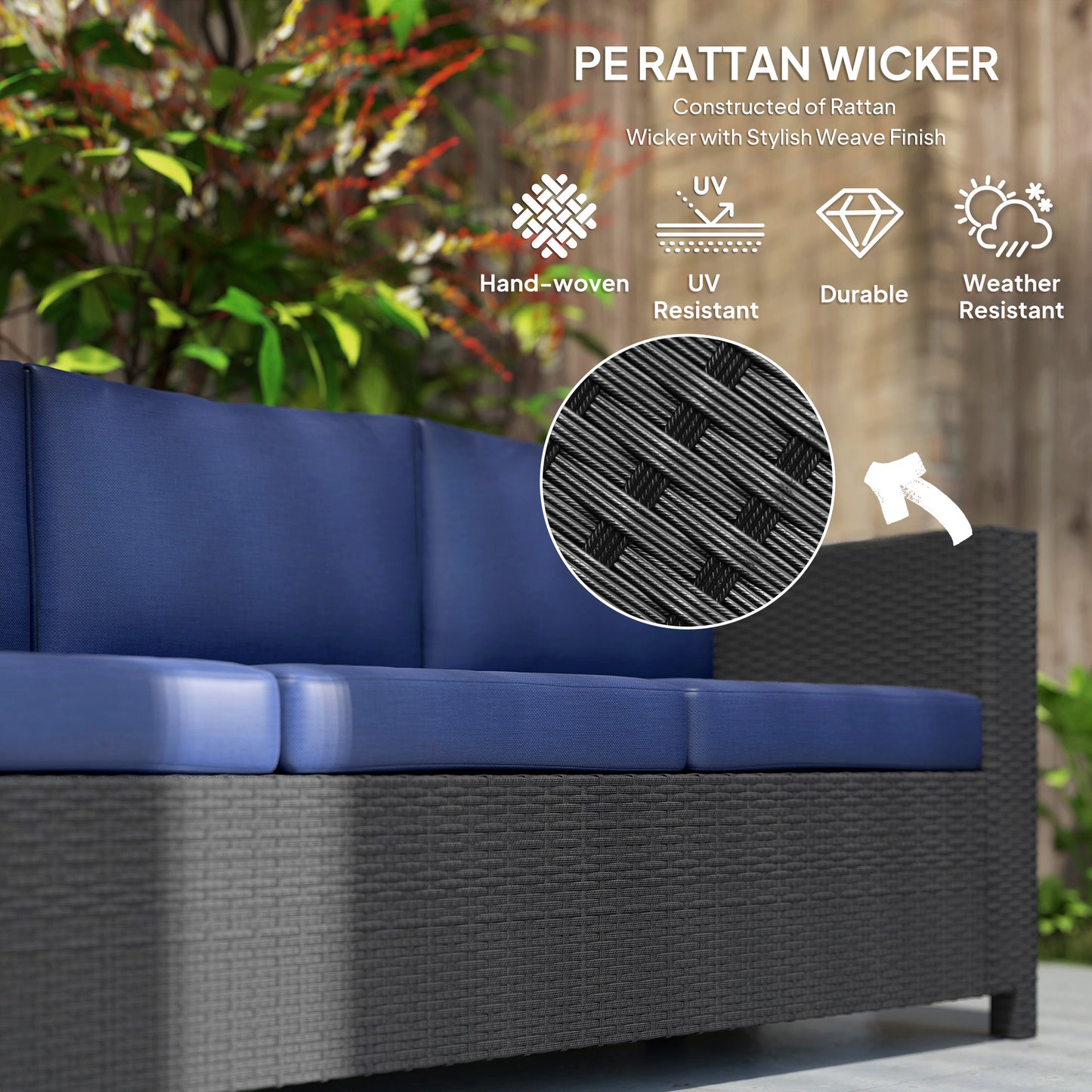 Canapé 3 places en rotin et osier, mobilier de jardin extérieur avec coussin, bleu marine