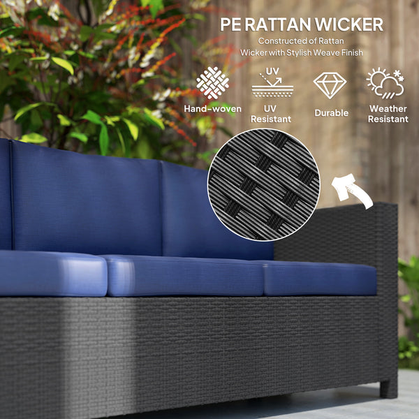 Canapé 3 places en rotin et osier, mobilier de jardin extérieur avec coussin, bleu marine