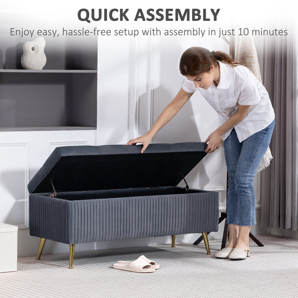 Banc coffre de rangement avec pieds en acier, assise rembourrée et repose-pieds, gris foncé