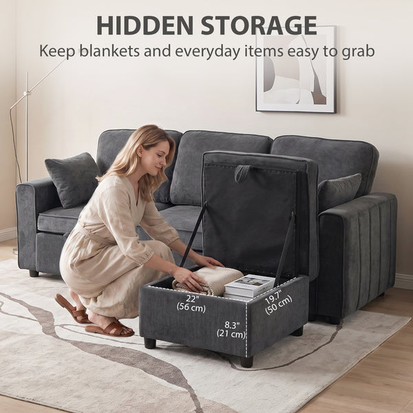 Canapé-lit d'angle modulable avec pouf de rangement réversible avec coussin à ressorts, gris foncé