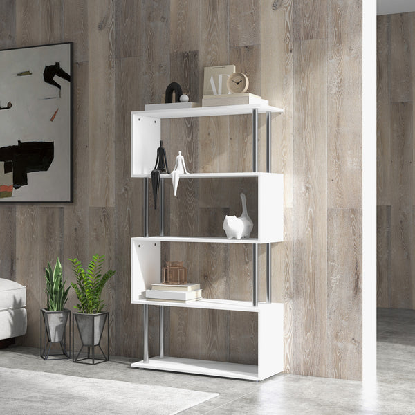 Bibliothèque géométrique en bois à 5 niveaux , blanc