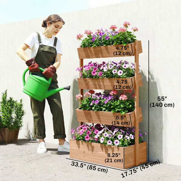 4-Tier Vertical Raised Garden Bed Outdoor Wooden Planter with Drainage Holes and Fabric Liner