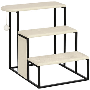 20" 3 Steps Cat Stairs, Carpeted Ladder Ramp, Pet Steps with Scratching Board and Hanging Ball for Small Cats, Steel Frame, Cream White