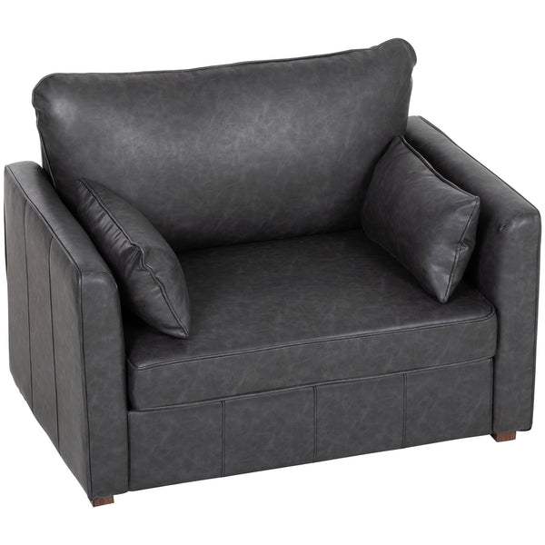 Faux leather accent chair with wide seat, spring cushion, rubberwood legs, 2 pillows, black