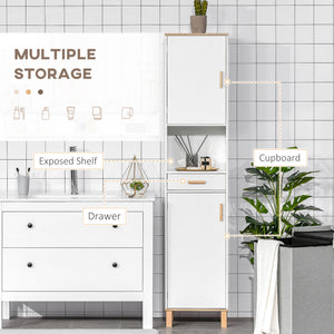 White bathroom storage cabinet with cupboards and drawer