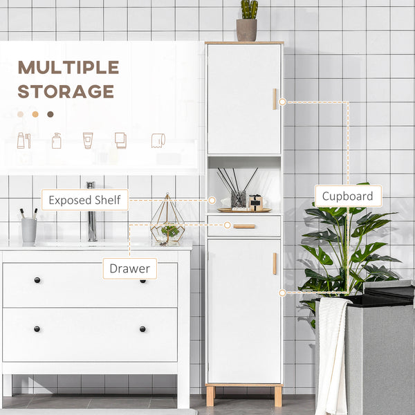 White bathroom storage cabinet with cupboards and drawer