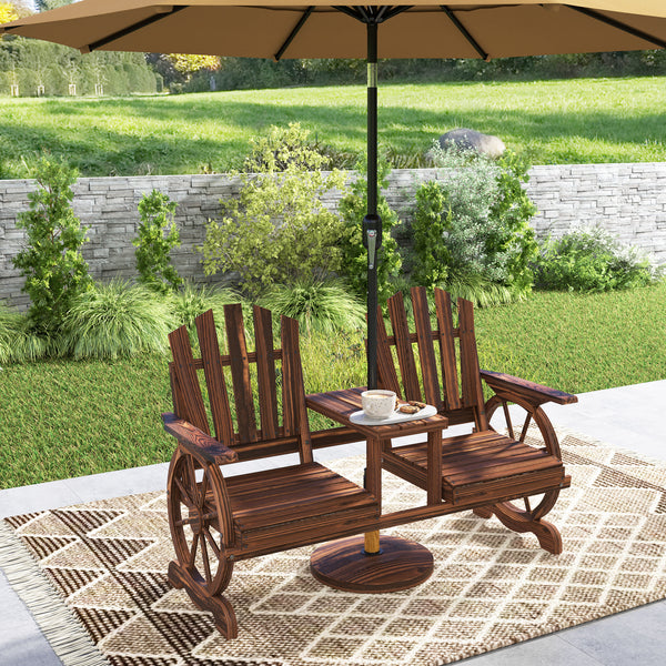 Two-seater outdoor wooden bench in the shape of a wagon wheel