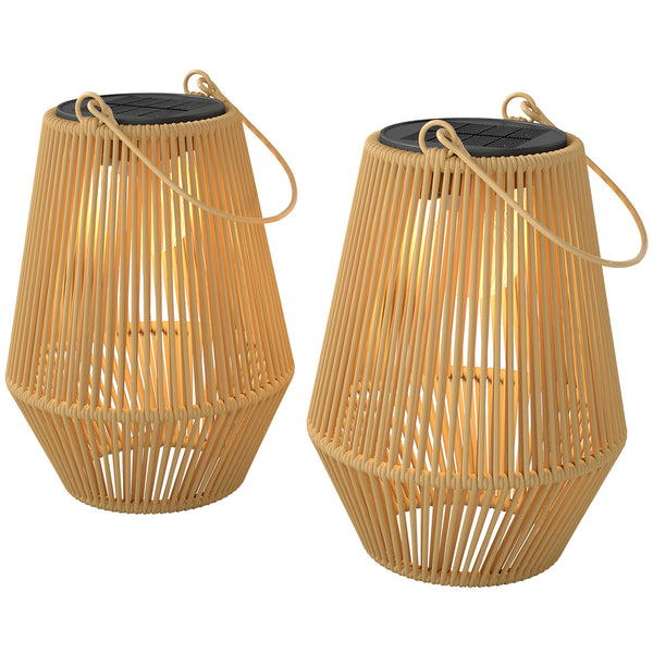 2-Pack Waterproof Solar Wicker Lanterns, Hanging Outdoor Lanterns with Auto On/Off and Handles, Brown