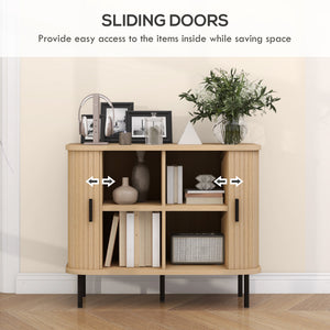 Buffet nordique avec portes tambour à lattes et pieds en métal, chêne