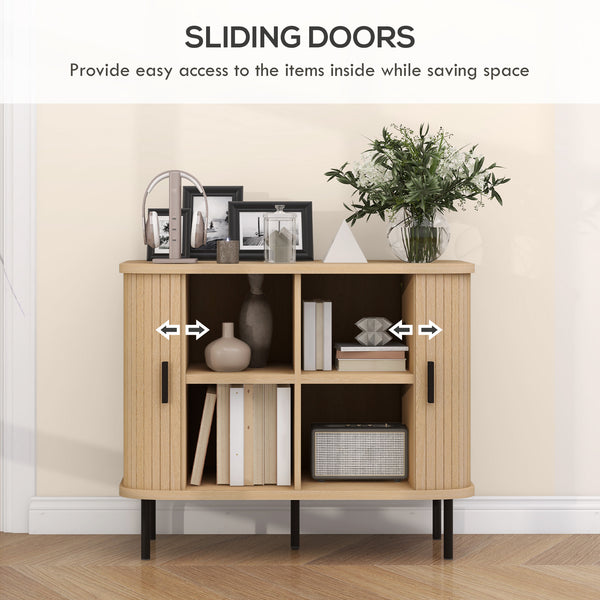 Buffet nordique avec portes tambour à lattes et pieds en métal, chêne