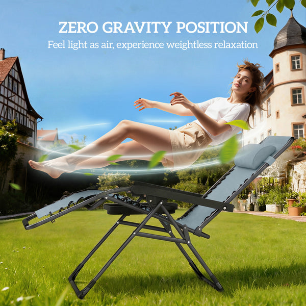 Ensemble de 2 chaises longues d'extérieur Zero Gravity, pliantes et inclinables, avec porte-gobelet et appui-tête, gris clair