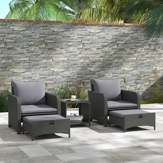 Outsunny 5 Piece Rattan Balcony Furniture Set, Wicker Outdoor Furniture with Two-Tier Coffee Table and Ottomans, Grey